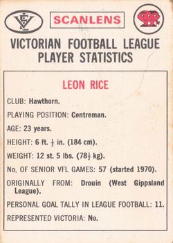 1974 Scanlens VFL #21 Leon Rice Back
